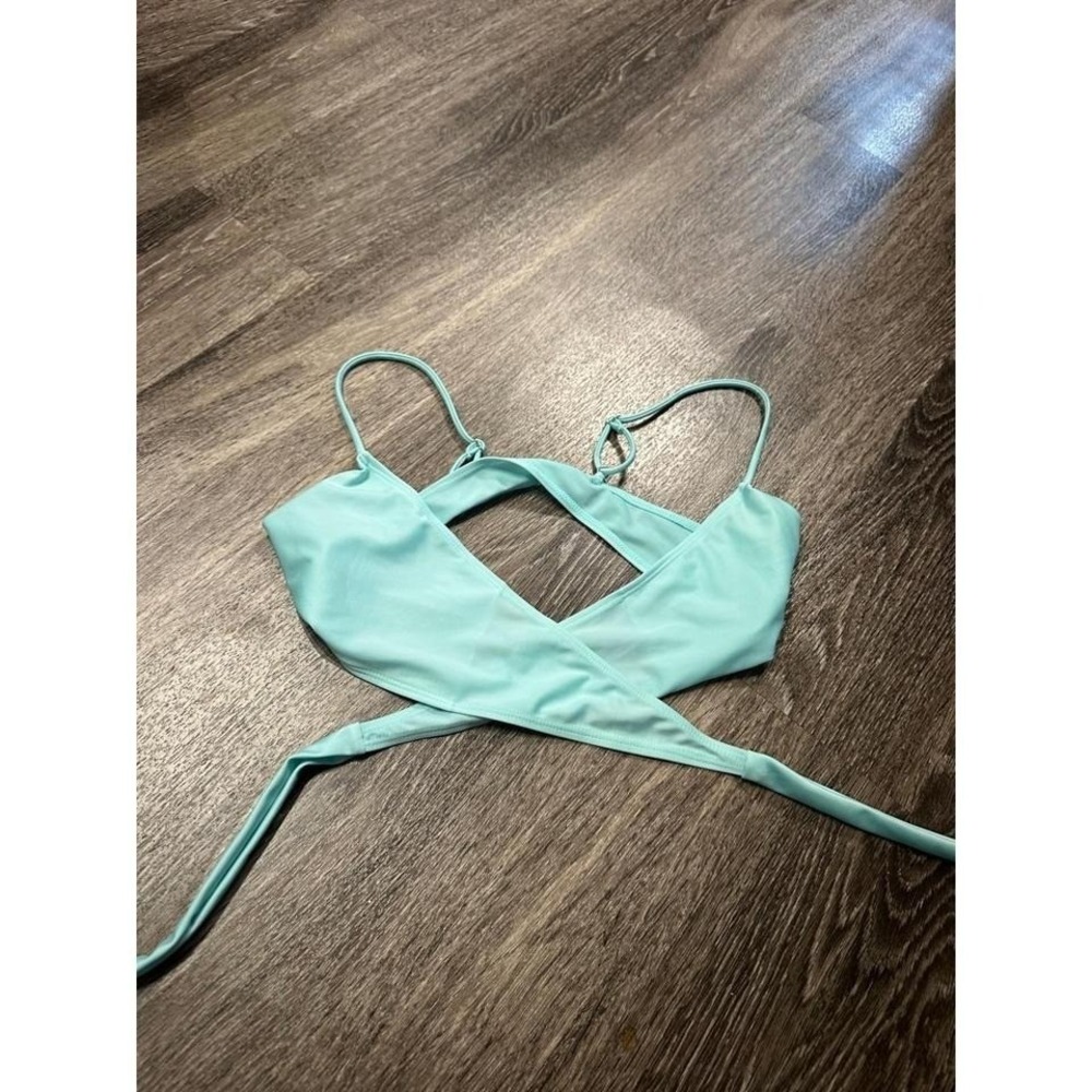 Light Teal Wrap Bikini Top Crisscross Strappy Swim Top Aqua Small